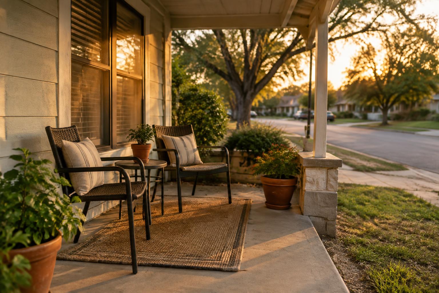 A front porch with two chairs and potted plants in the warm evening light at a Housed2Home residence